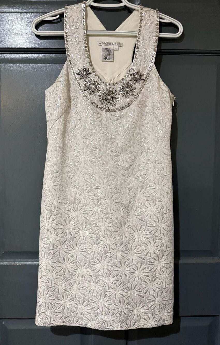 Maggy London White Embellished Beaded Neckline Shift Dress Glam Wedding